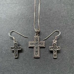 Silvertone Cross Necklace & Pierced Earrings